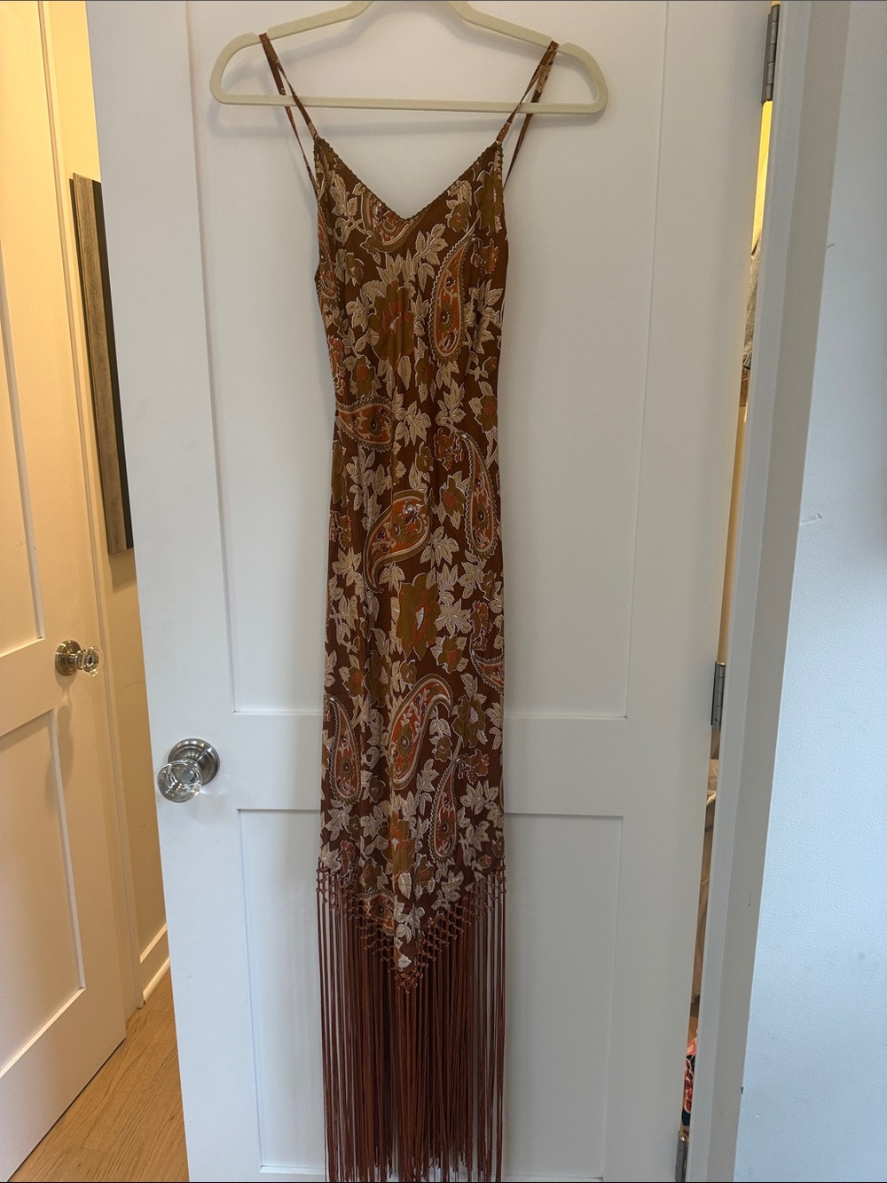 Chasing Unicorns Brown Paisley Fringe Maxi Slip Dress